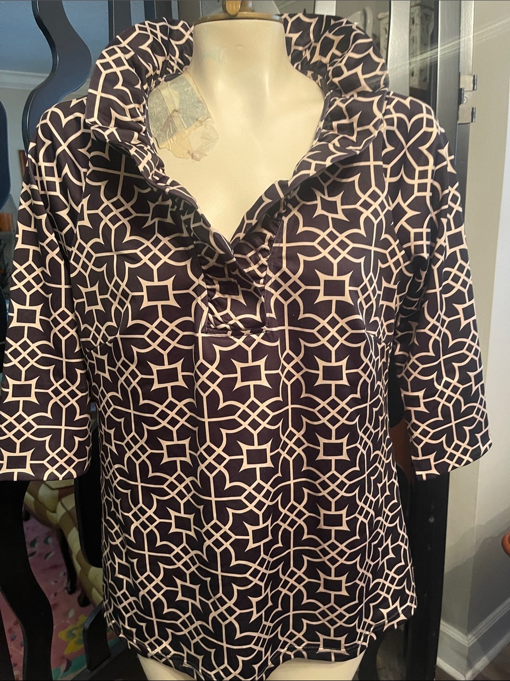 Gretchen Scott Designs Black Tunic with Cream Geometric Print
